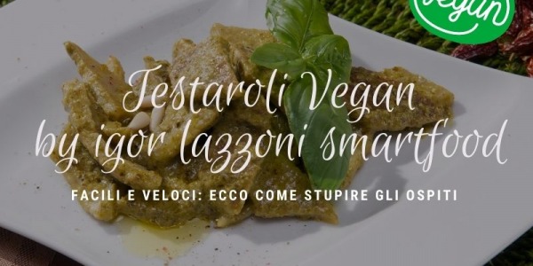 Testaroli con farina di Piselli, verdure saltate, tempeh, pane integrale tostato by Igor Lazzoni smartfood