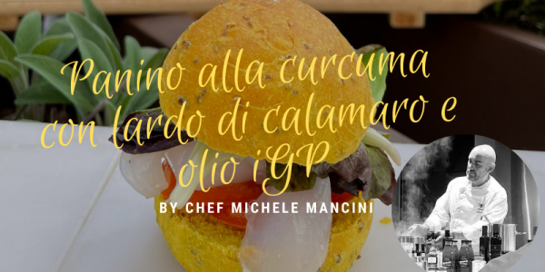 Panino alla curcuma con lardo di calamaro e olio IGP Colline della Lunigiana