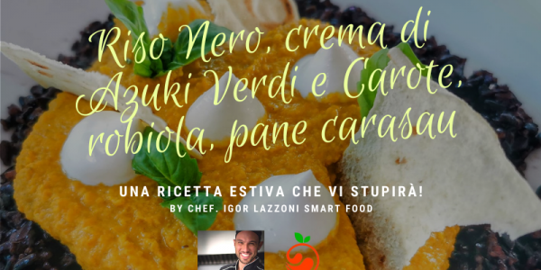 Riso Nero, crema di azuki verdi e Carote, formaggio veg e  pane carasau